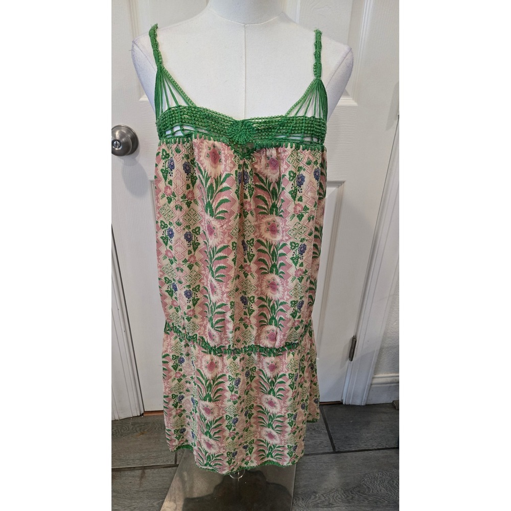 Max Studio Special Edition Silk Blend Floral Crochet Trim Mini Dress Green Pink